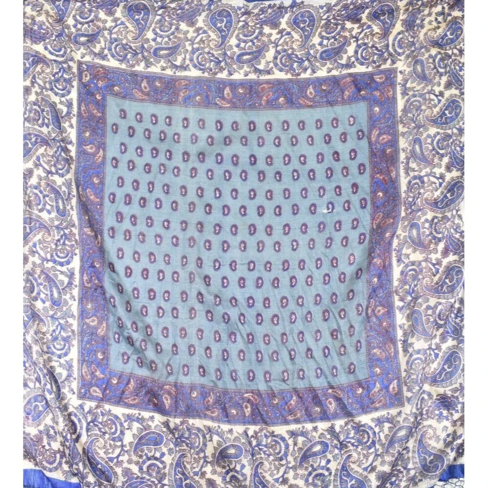VTG Made in India 100% Silk Square Scarf Blue Paisley Fringe Wrap Shawl 40x40